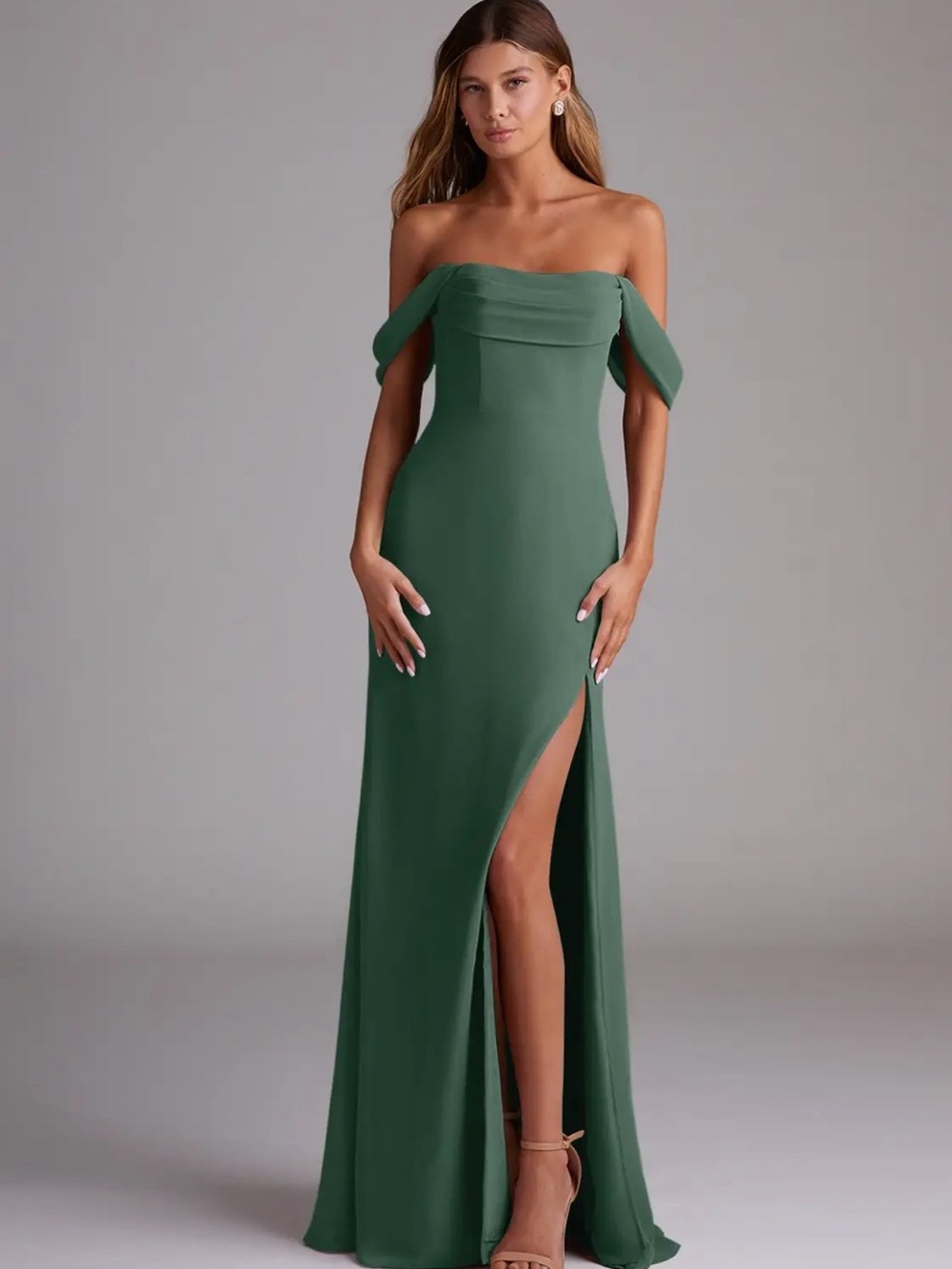 NWT Azazie Saige A14 Moss Green Chiffon Off Shoulder Gown